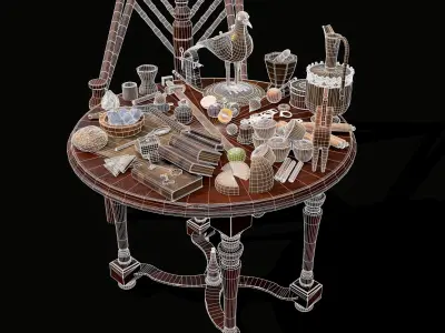 Medieval Props Messy Table Scene 3D Model Collection