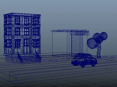 low poly 3d environment street with two buildings and car Low-poly 3D model