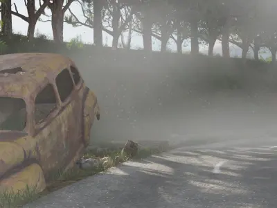Old car scene with landscape style environment  Low-poly 3D model