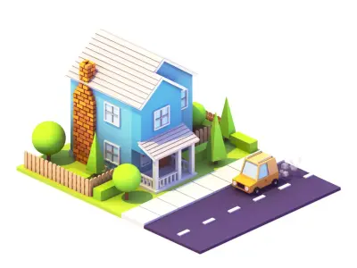 Low Poly House with car on road Low-poly 3D model