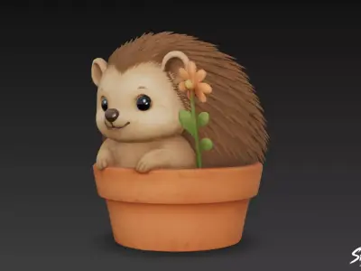 Hedgehog in Flower Pot Low-poly 3D model