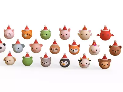 Cute Christmas Animal Head Pack 01 Low-poly 3D model