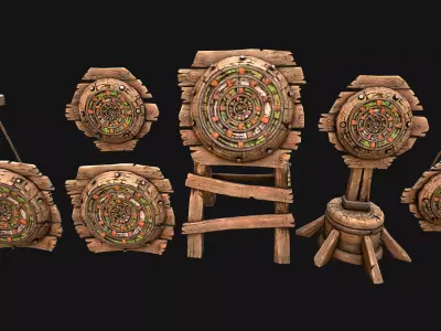 Medieval Wooden Target Dartboard Shooting Range Pack Low-poly 3D model