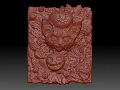 hallowen cat and pumpkin baserelife 3dmodel   3D print model