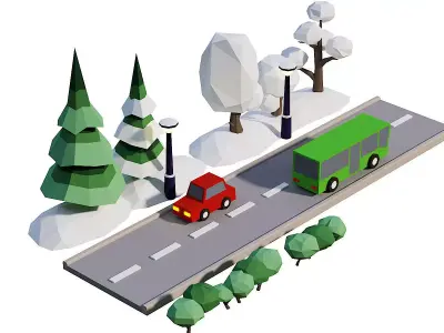 Street Set Lowpoly 3d model bus driving on road with trees Low-poly 3D model