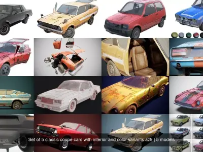 Set of 5 classic coupe cars with interior and color variants az9 3D Model Pack