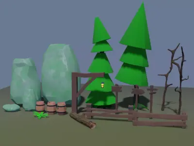 Low Poly Cartoon Trees Grass Plants Fence Barrel Low-poly Free low-poly 3D model