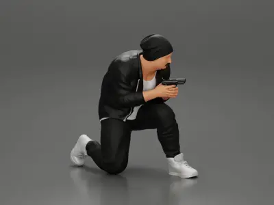 Gangster in jacket sitting holding a gun hides behind the car 3D print model