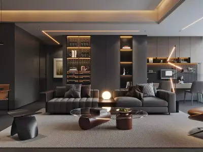 Modern Luxury Living Space with Dark Lounge and Home Office 3D model