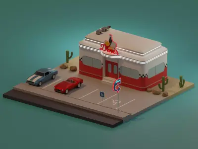 American diner exterior Low-poly 3D model