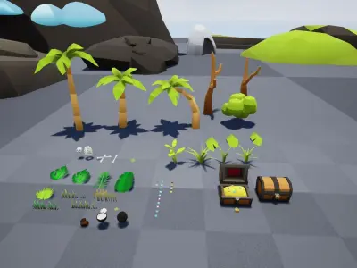 Low Poly World farm with wooden fence and trees Low-poly 3D model