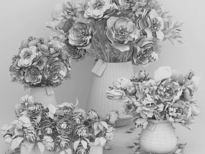 Realistic Natural Fresh Peonies in Different Vases 3D model
