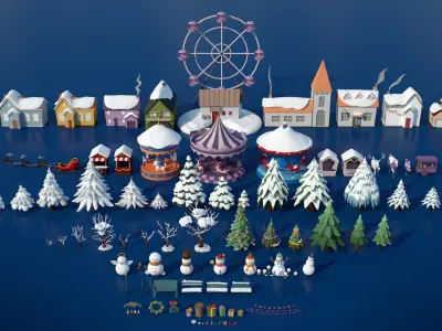 Stylized Winter City Asset Pack 200 Assets - Modular Environment Low-poly 3D model