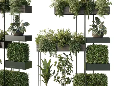 Standing metal shelf with a set of plants in wooden 683  3D model