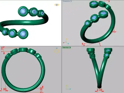 Twisted open Ring with Six Bezel setting stones 3D print model