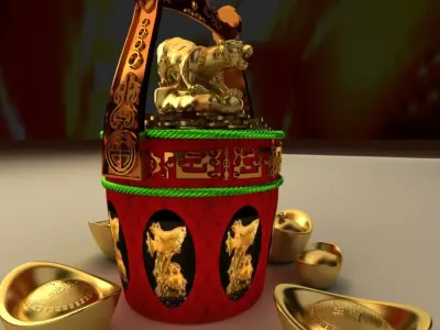 Chinese Gold Ingot with Golden tiger 3D model