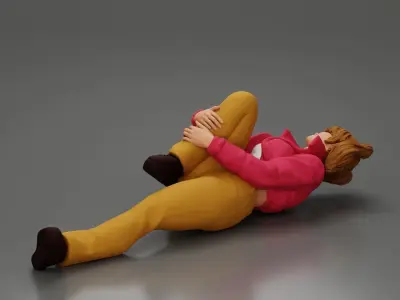 woman in mini jacket lying on the floor touching injured knee 3D print model