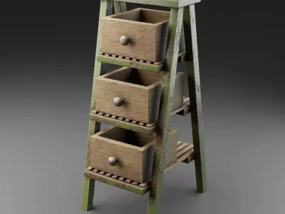 Stair wooden ladder with three drawers Low-poly 3D model