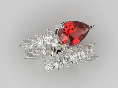 White Gold Ring with Pear Cut Ruby and Diamonds jr00007 3D print model