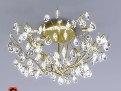 Yellow Bronze Twig and Crystal Leaf Chandelier 3D model