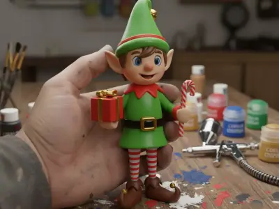 Happy Christmas Elf Figurine Cute Holiday Helper with Gift 3D print model