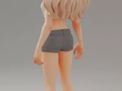 Stylized 3D Girl Cartoonish Female Character Wavy Hair Low-poly 3D model