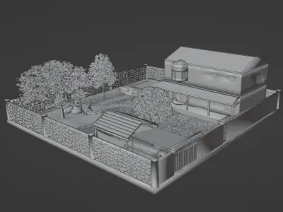 Simple house with a yard Low-poly 3D model