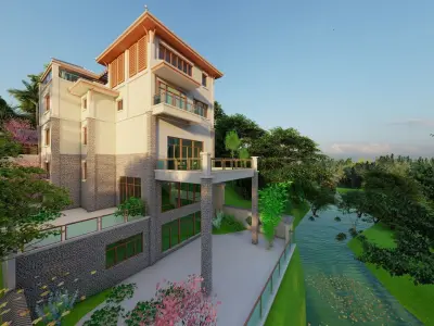 A Chinese style villa built on the mountain 3D model