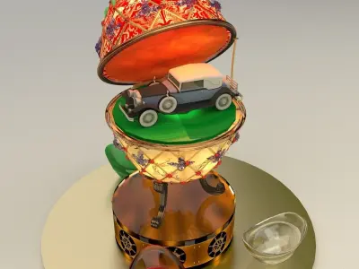 Chinese gold ingot with egg and antique car 3D model