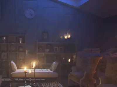 Sunset moody old acient rustic classic living room interior  3D model