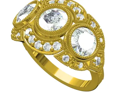 Three Stone Diamond Halo Art Deco Ring 3D print model