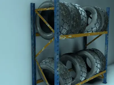 Car tires and a shelf for them Low-poly 3D model