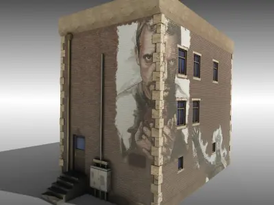 Low Poly Brick building with shop window Low-poly 3D model