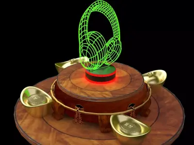 Chinese gold ingot  with neon headphone  3D model