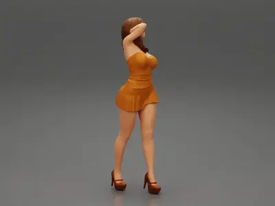 fashion girl walking with hand in hair in mini dress 3D print model
