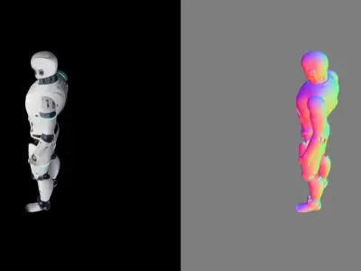 humanoid robot metallic body with blue glowing strips Free low-poly 3D model