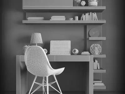 Workplace office desk with bookshelves Low-poly 3D model