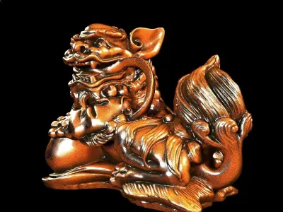 Chinese wooden lion statue 3D model