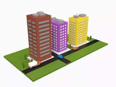 Simple Poly City - 3 Building Terrian Low-poly 3D model