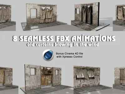 Seamless old curtain animations Low-poly 3D model