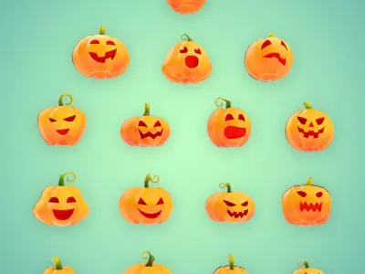 Carved pumpkin heads low poly 3d models set 2  3D model