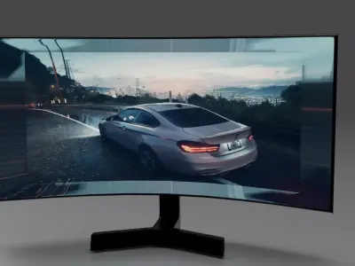 Monitor curved tv screen with car Free 3D model