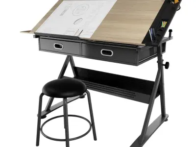 Reclining drawing table with gift chair Low-poly 3D model