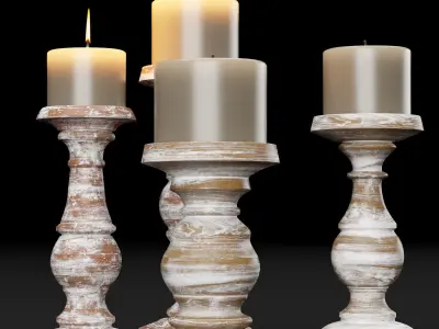 candlestick set 3 wooden candle holder 3D model