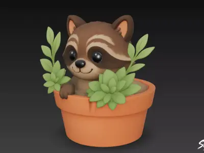 Raccoon in Flower Pot Low-poly 3D model