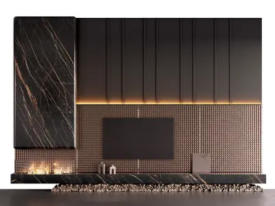 Decorated TV wall with fireplace - 2 3D model