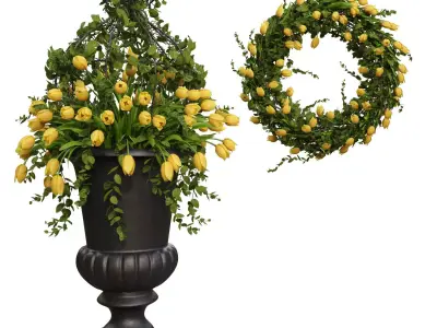Vase with tulips and a wreath of tulips 01 3D model