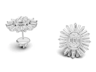 Oval Sunburst Baguette Diamond Stud Earrings 3D print model