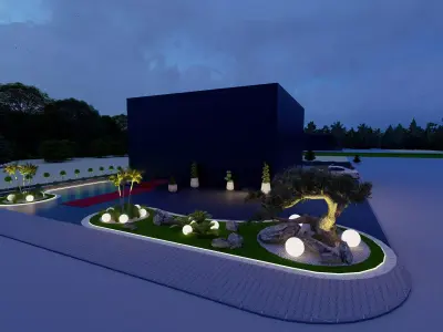 Stylish 3D Office Entrance with Modern Landscape and Decorative  Low-poly 3D model