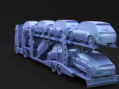 Semi-truck with car carrier trailer 3D model